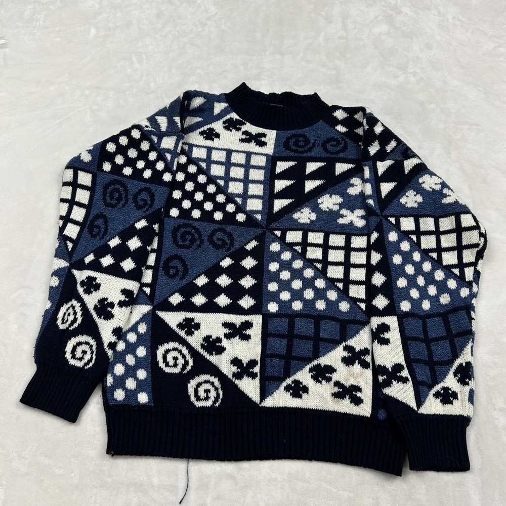 Willowridge Sweater Womens Medium Blue Geometric Patchwork Knit Crewneck USA
